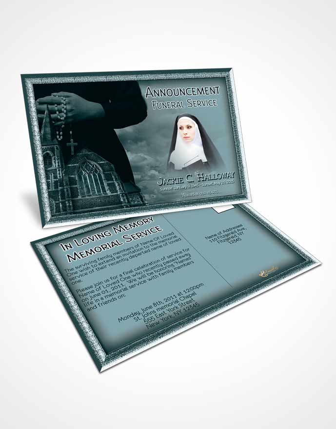 Funeral Announcement Card Template Turquoise Heavenly Nun