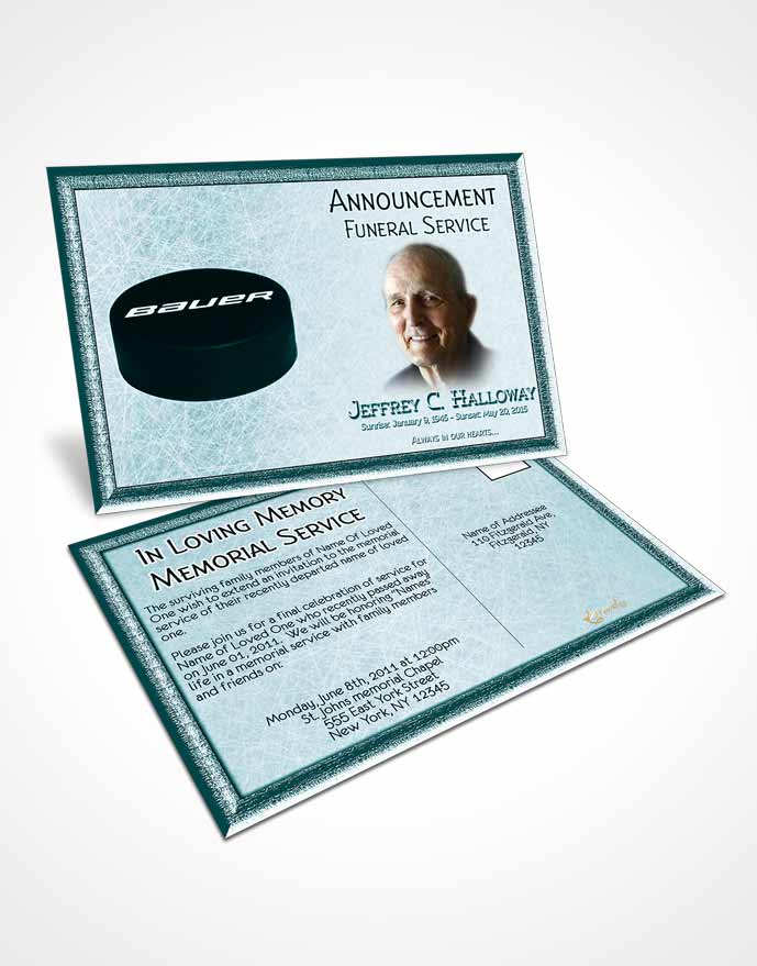 Funeral Announcement Card Template Turquoise Hockey Star
