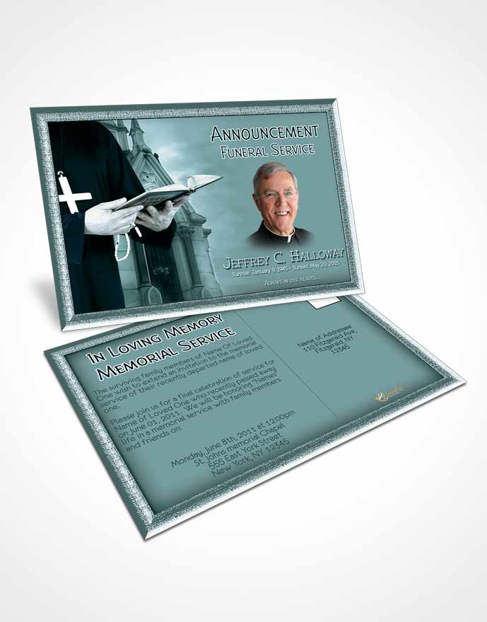 Funeral Announcement Card Template Turquoise Sky Heavenly Priest