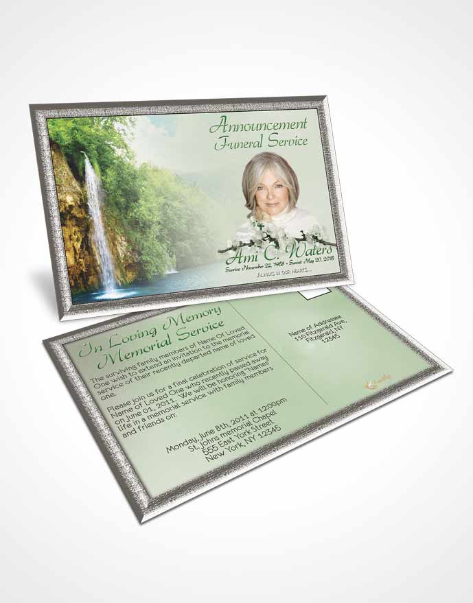 Funeral Announcement Card Template Waterfall Heaven Emerald Glow