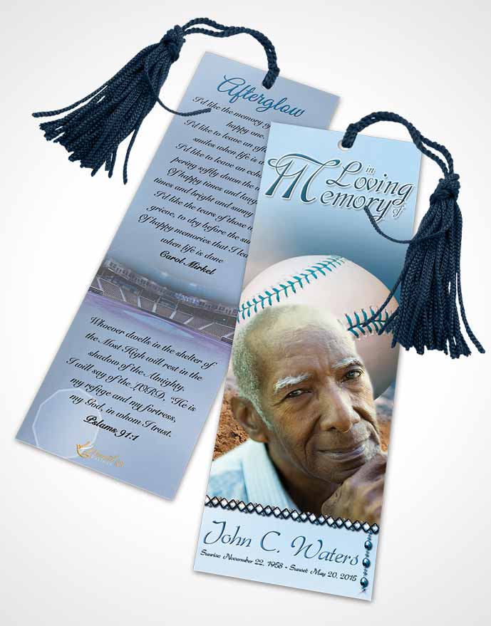 Funeral Bookmark Template Baseball Day Ocean Blue