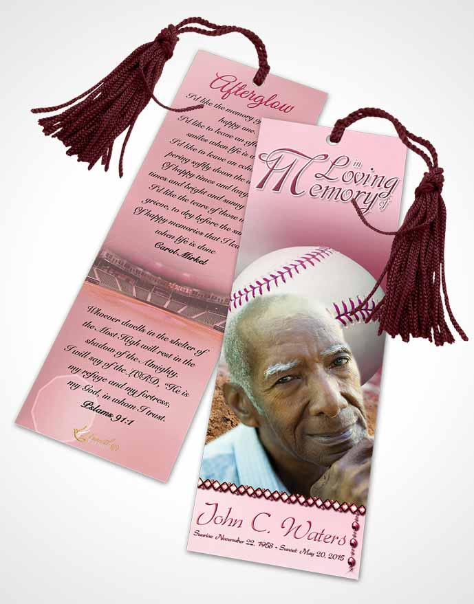 Funeral Bookmark Template Baseball Day Pink Sunset