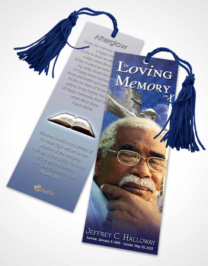 Funeral Bookmark Template Blue Summer Christian Faith