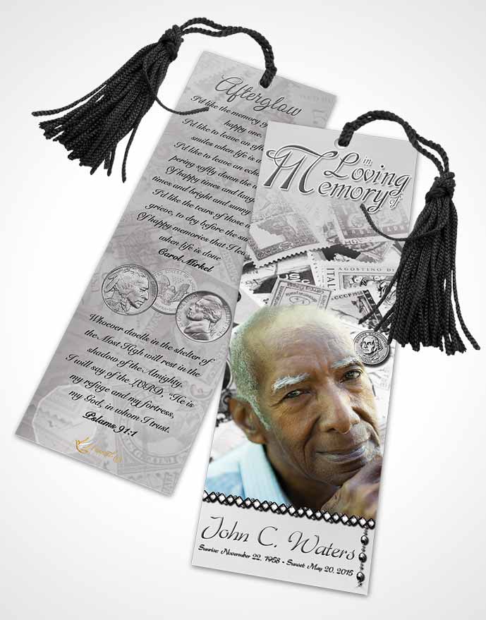 Funeral Bookmark Template Collecting Stamps and Coins Black and White