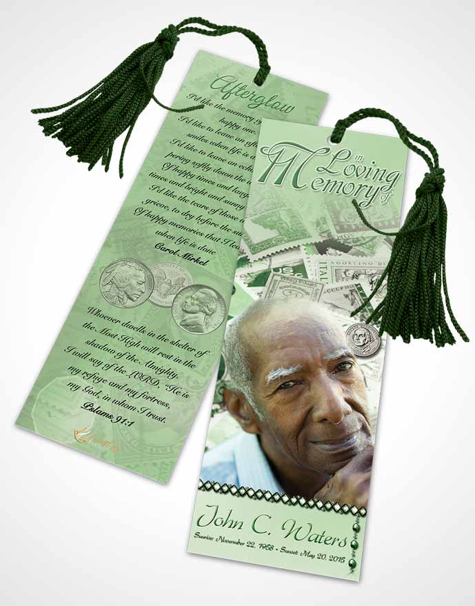 Funeral Bookmark Template Collecting Stamps and Coins Emerald Glow
