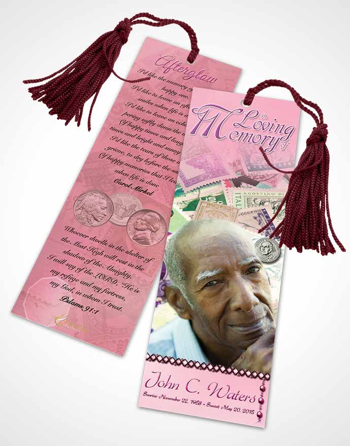 Funeral Bookmark Template Collecting Stamps and Coins Pink Lust