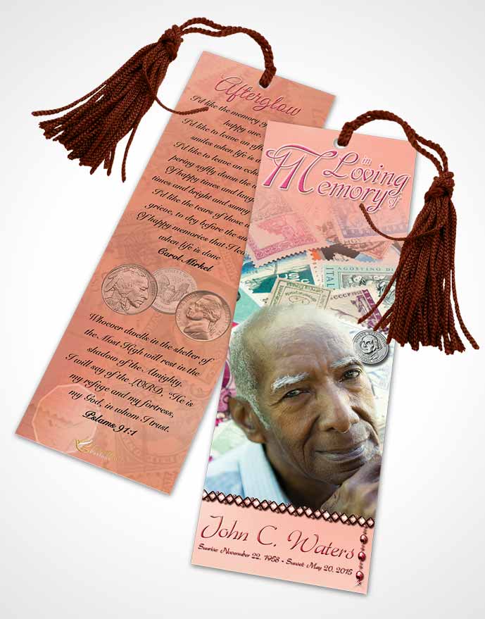 Funeral Bookmark Template Collecting Stamps and Coins Ruby Sunset