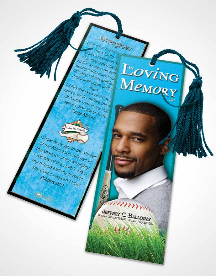 Funeral Bookmark Template Cyan Breeze Baseball Star Dark