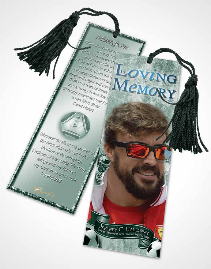 Funeral Bookmark Template Deep Emerald Sky Soccer Superstar