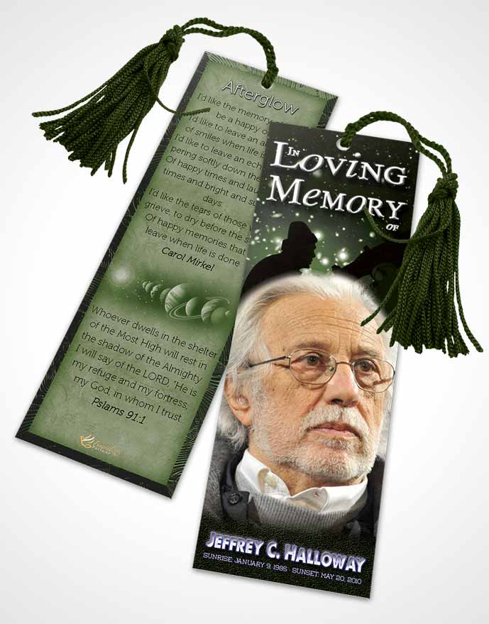 Funeral Bookmark Template Emerald Astronomers Sky