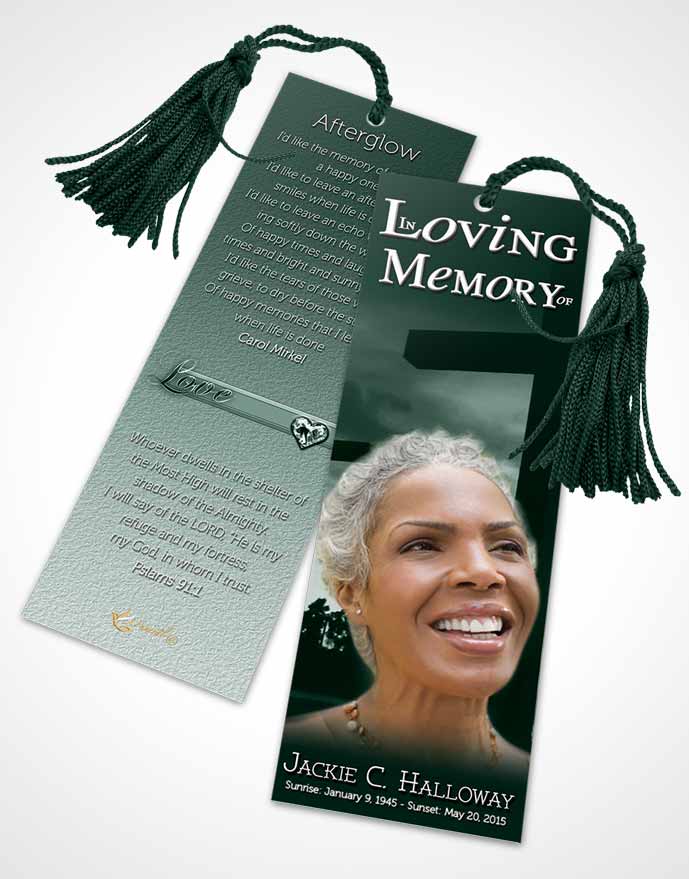 Funeral Bookmark Template Emerald Cross in the Sky