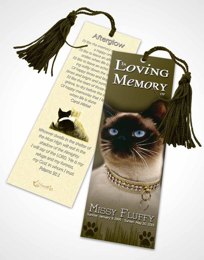 Funeral Bookmark Template Emerald Fluffy Kitty