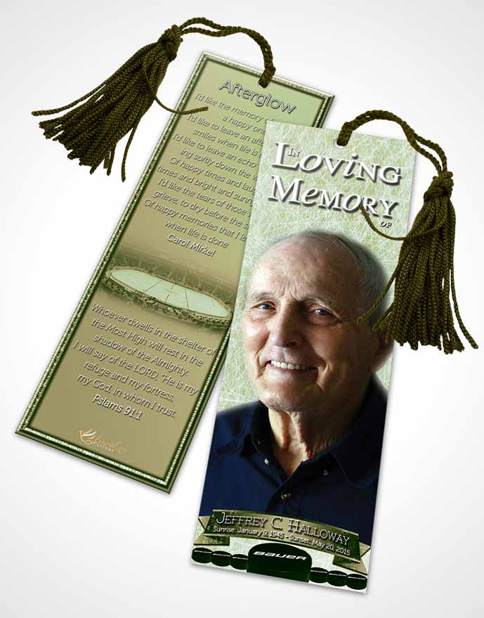 Funeral Bookmark Template Emerald Hockey Star