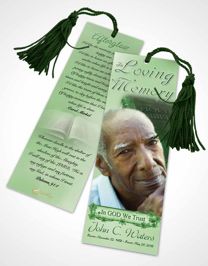 Funeral Bookmark Template Holy Bible Emerald Glow