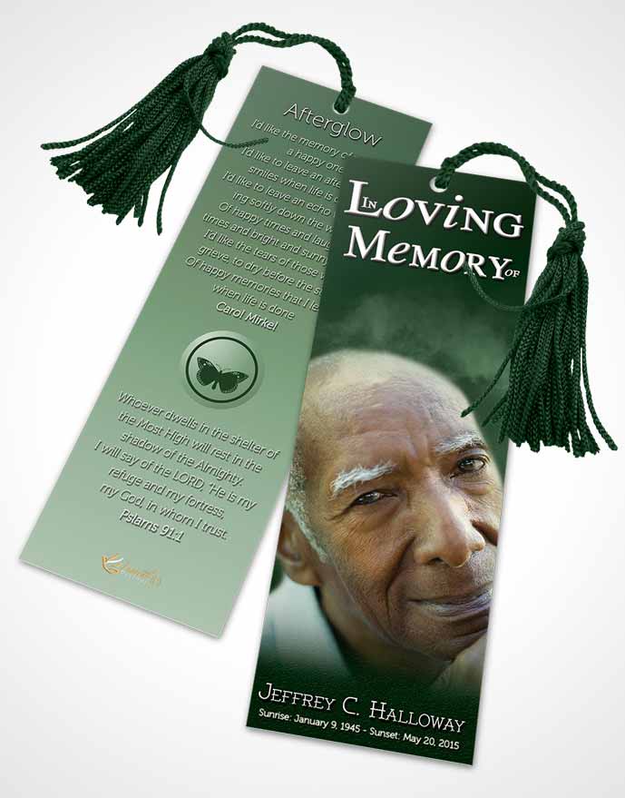 Funeral Bookmark Template Misty Emeralds Clouds