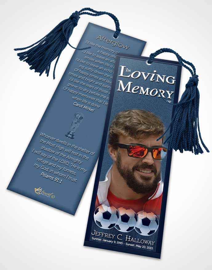 Funeral Bookmark Template Ocean Blue Soccer Star