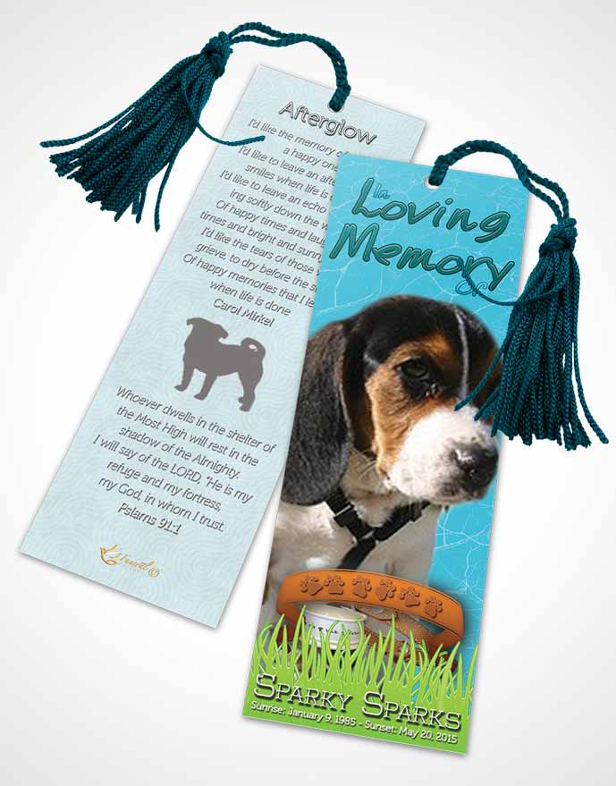 Funeral Bookmark Template Ocean Blue Sparky the Dog