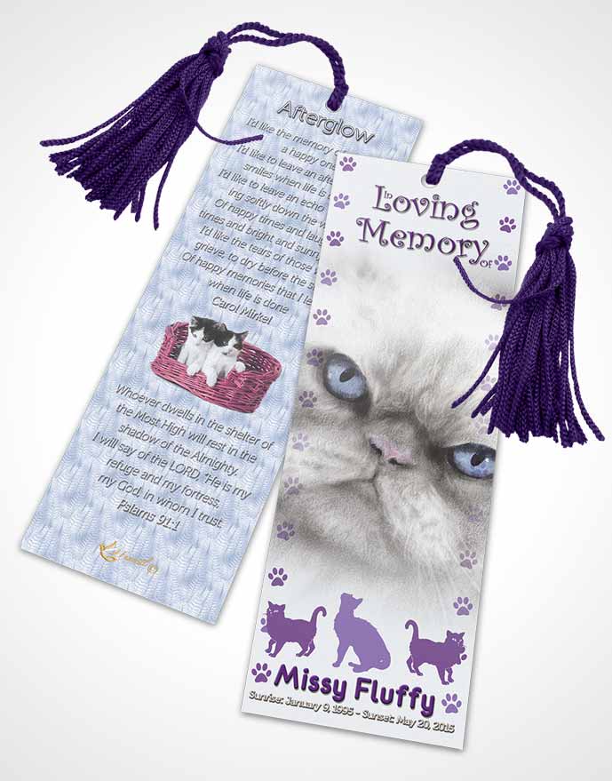 Funeral Bookmark Template Purple Fluffy Cat
