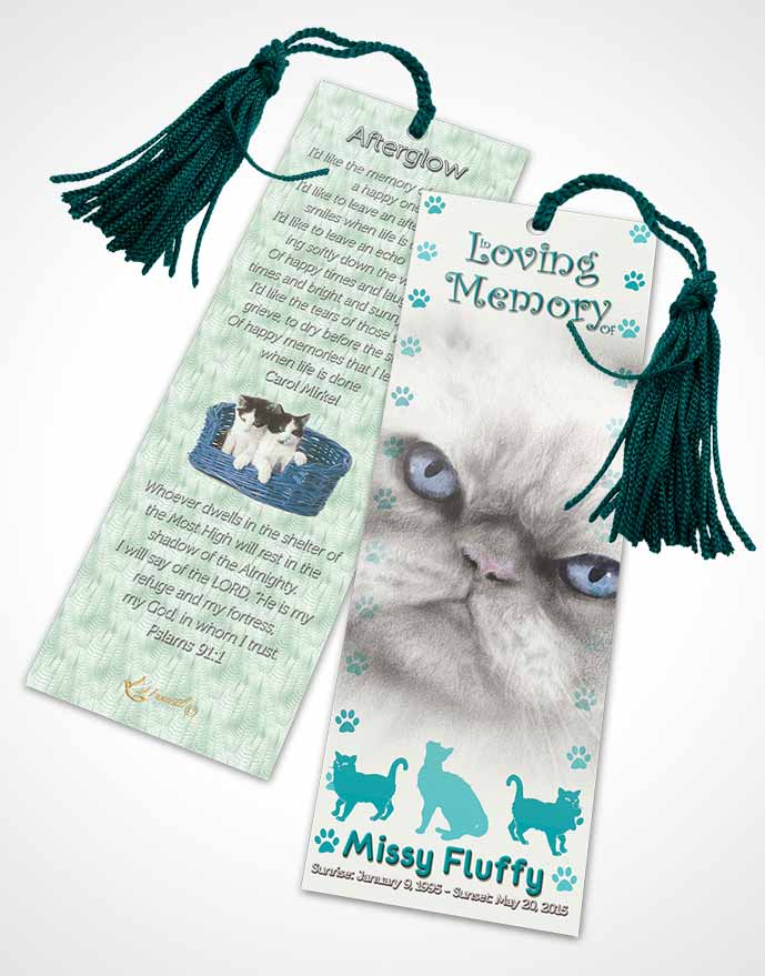 Funeral Bookmark Template Turquoise Fluffy Cat