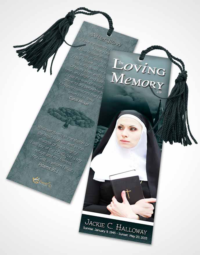 Funeral Bookmark Template Turquoise Heavenly Nun