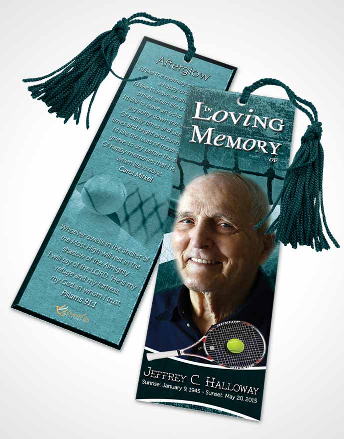 Funeral Bookmark Template Turquoise Serenity Tennis Star