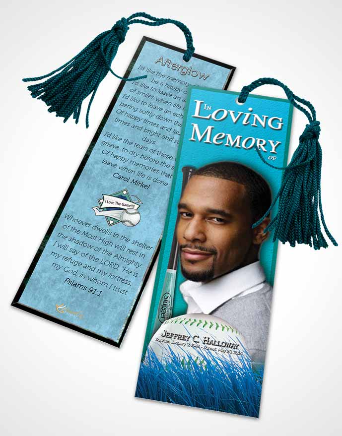 Funeral Bookmark Template Turquoise Sky Baseball Star Dark
