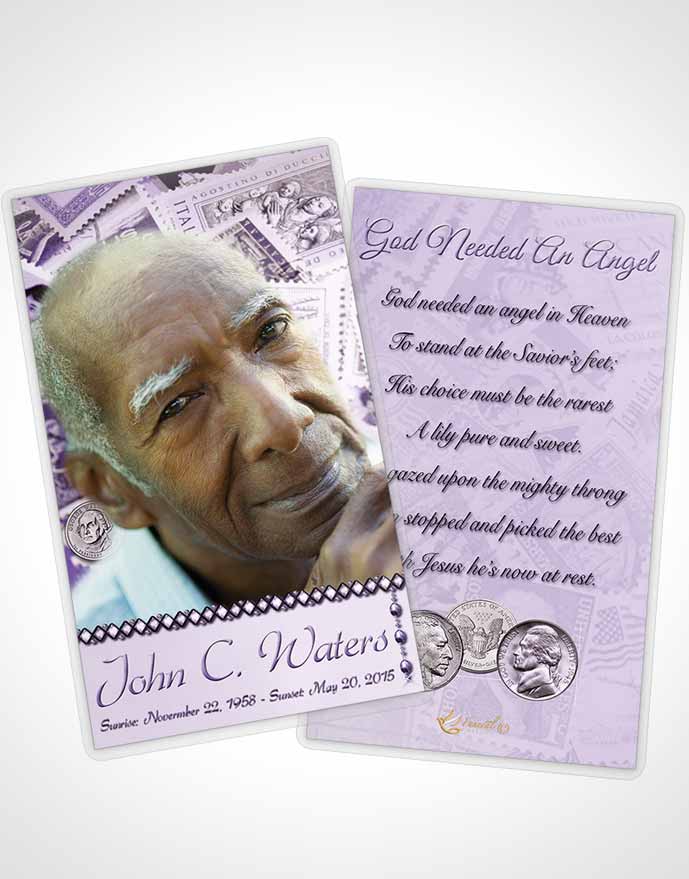 Funeral Prayer Card Template Collecting Stamps and Coins Lavender Honor