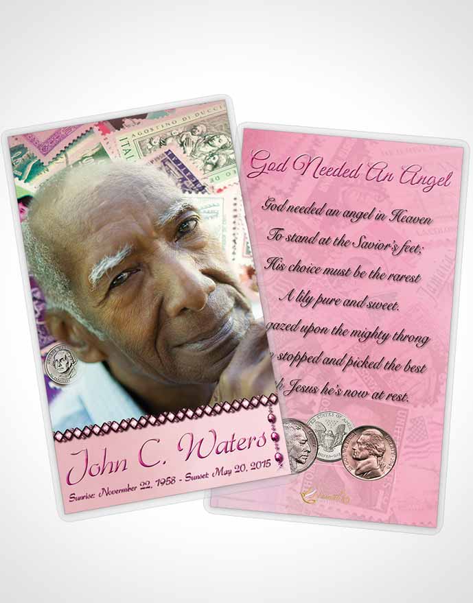 Funeral Prayer Card Template Collecting Stamps and Coins Pink Lust