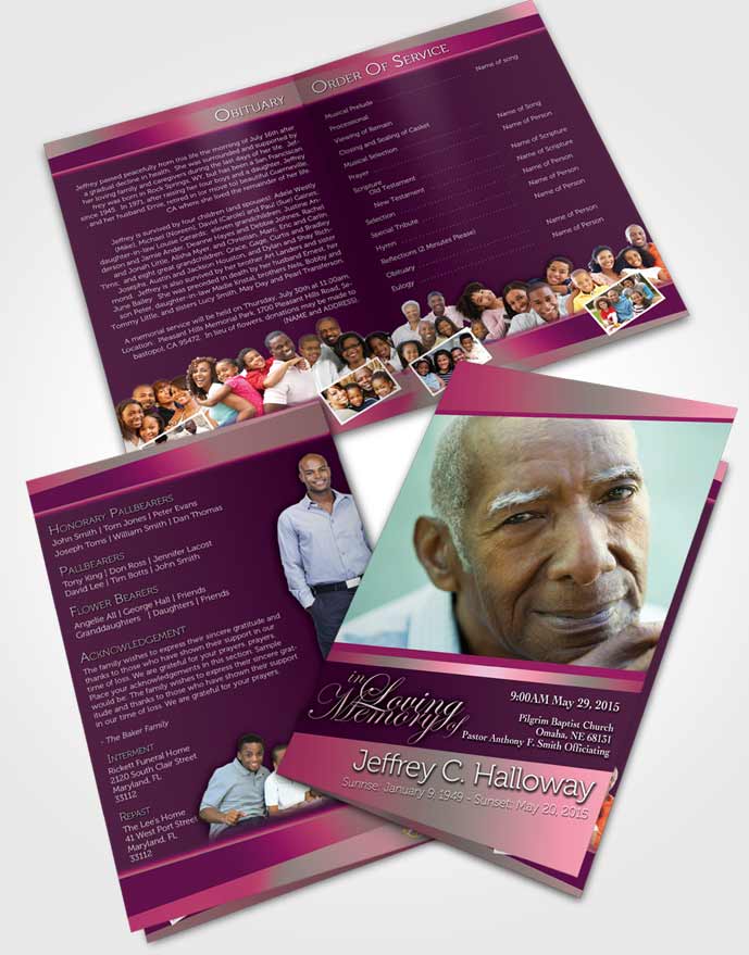 Bifold Order Of Service Obituary Template Brochure Pink Faith Tranquility Dark