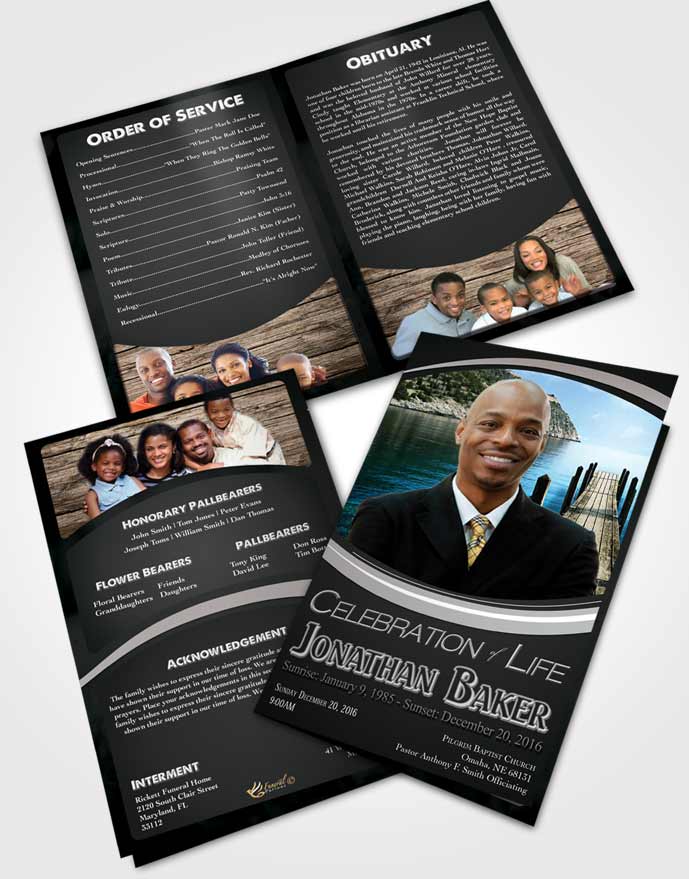 Bifold Order of Service Obituary Template Brochure Elegant Black and White Journey