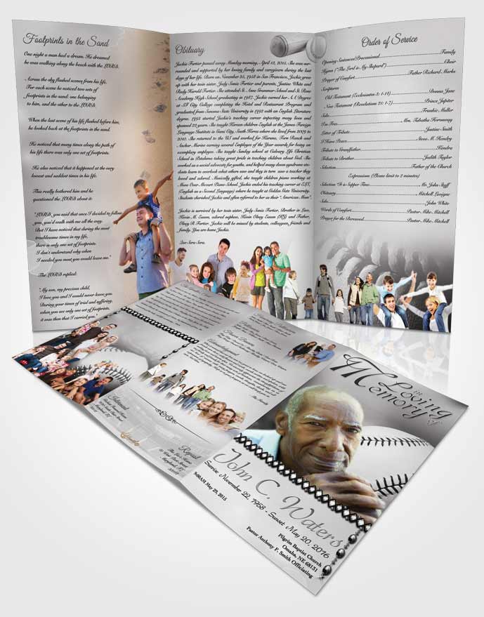 Obituary Template Trifold Brochure Baseball Day Black and White