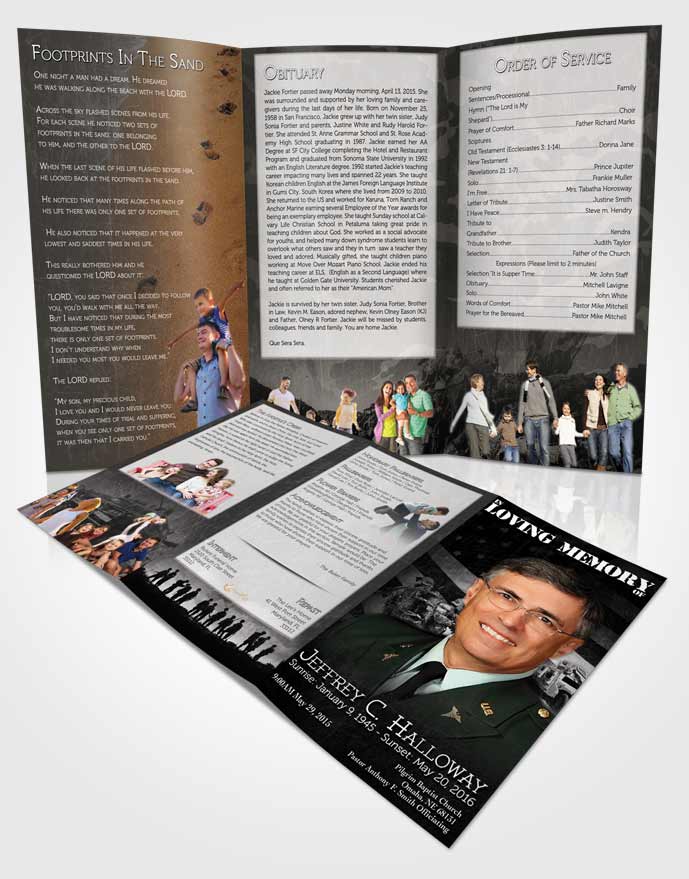 Obituary Template Trifold Brochure Black and White Army Salute