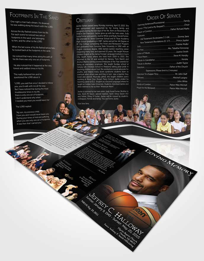 Obituary Template Trifold Brochure Black and White Basketball Lover Dark