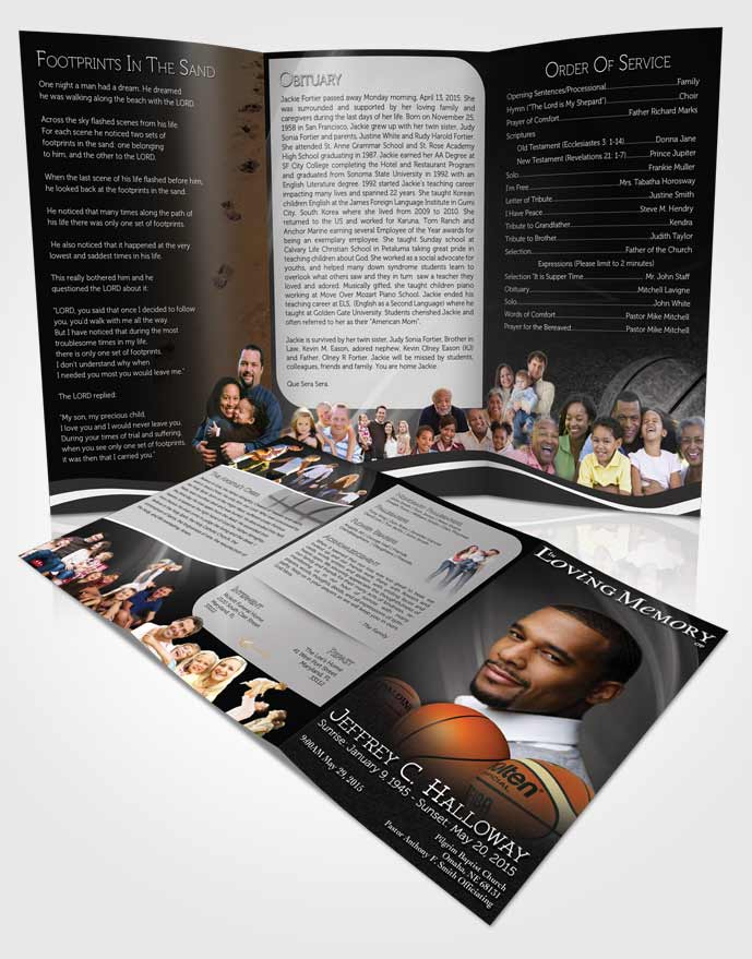 Obituary Template Trifold Brochure Black and White Basketball Lover Light