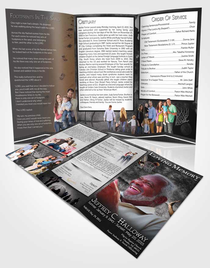 Obituary Template Trifold Brochure Black and White Basketball Star