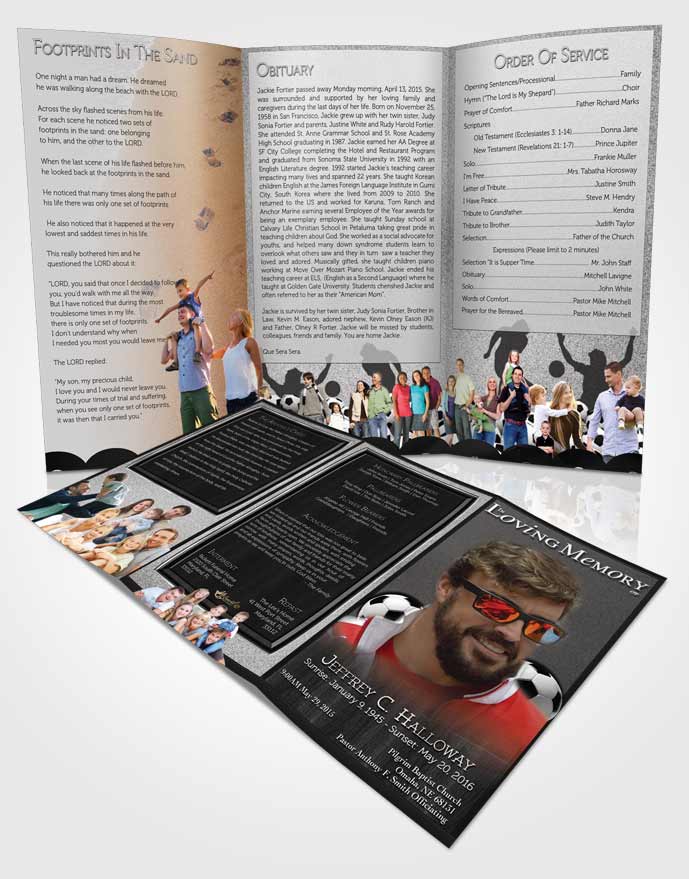 Obituary Template Trifold Brochure Black and White Soccer Star