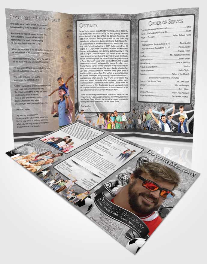Obituary Template Trifold Brochure Black and White Soccer Superstar