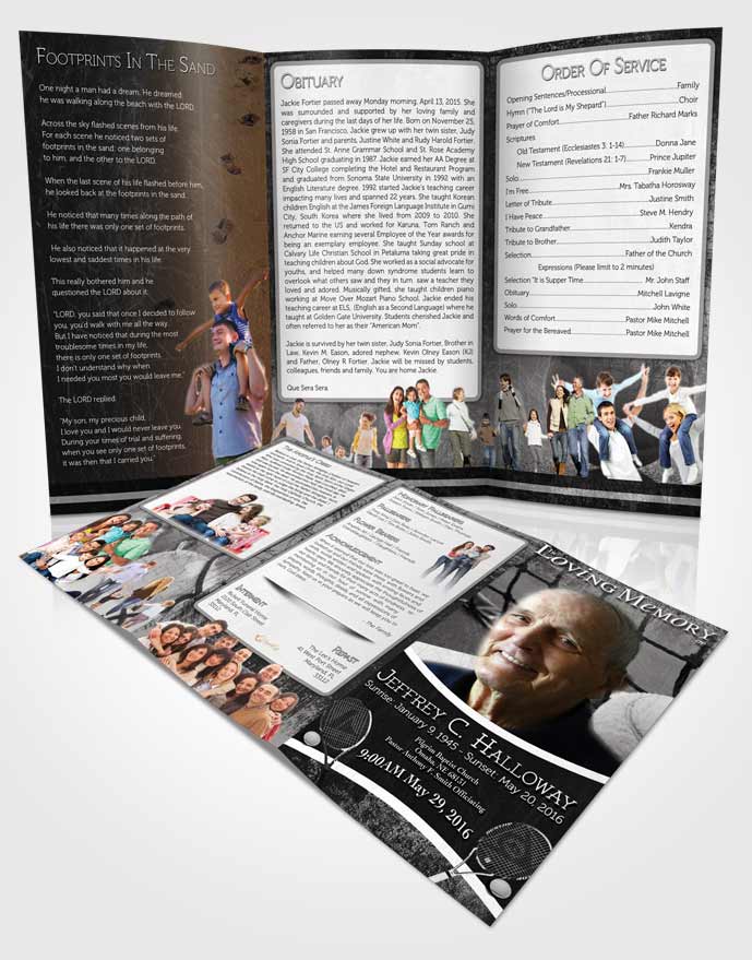 Obituary Template Trifold Brochure Black and White Tennis Star