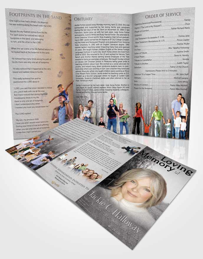 Obituary Template Trifold Brochure Black and White Walk in the Woods
