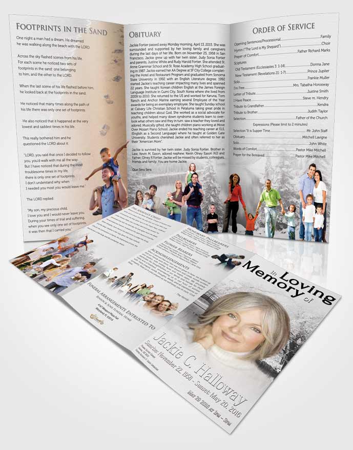 Obituary Template Trifold Brochure Black and White Winter Paradise