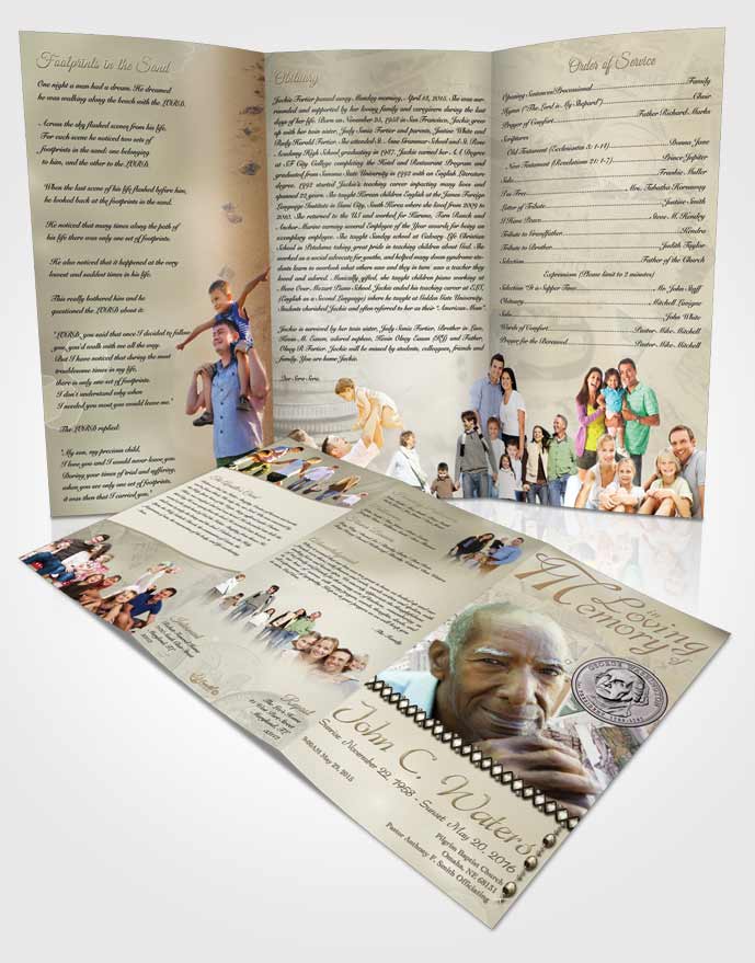 Obituary Template Trifold Brochure Collecting Stamps and Coins Autumn Sky
