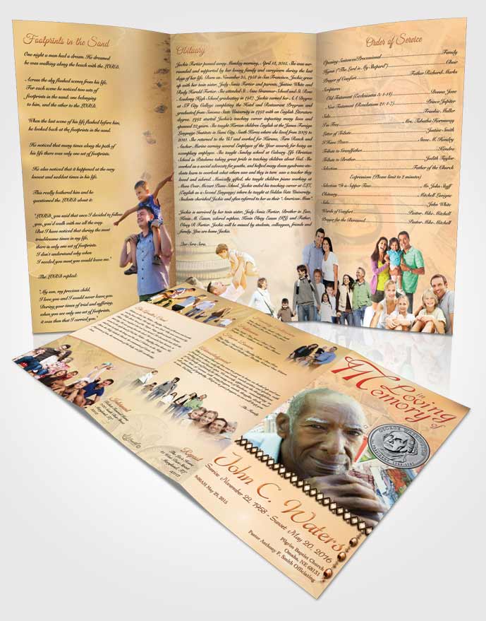 Obituary Template Trifold Brochure Collecting Stamps and Coins Golden Heritage