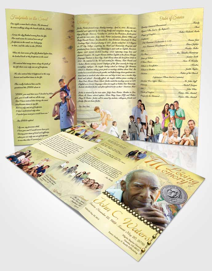 Obituary Template Trifold Brochure Collecting Stamps and Coins Golden Love