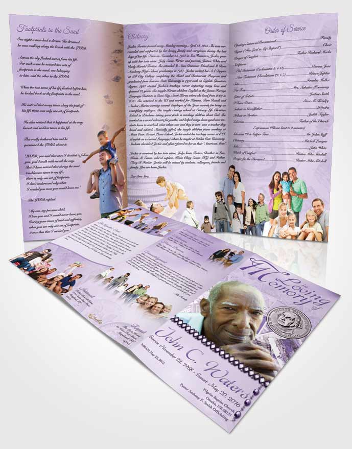Obituary Template Trifold Brochure Collecting Stamps and Coins Lavender Honor