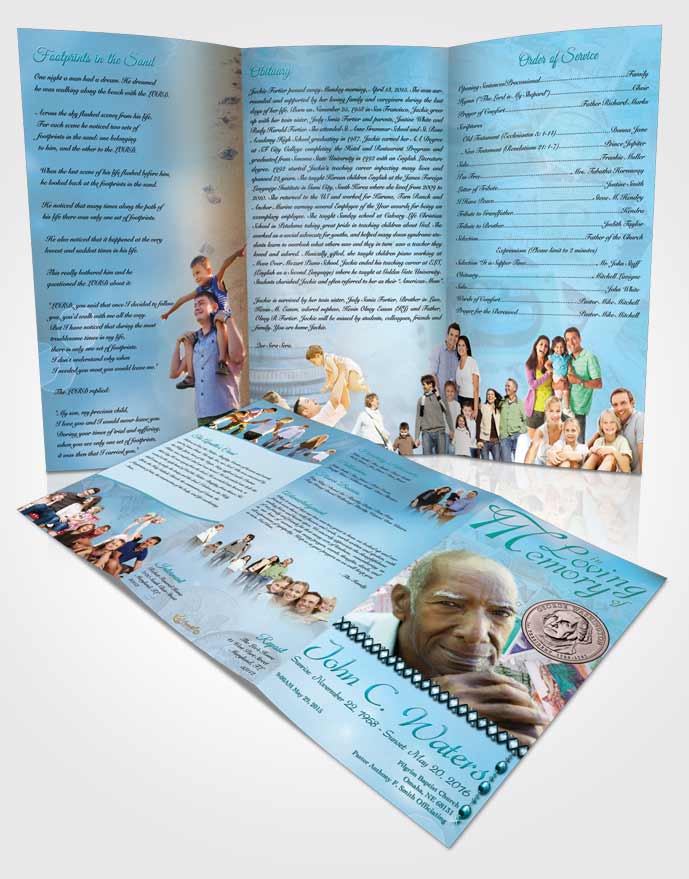 Obituary Template Trifold Brochure Collecting Stamps and Coins Morning Calm