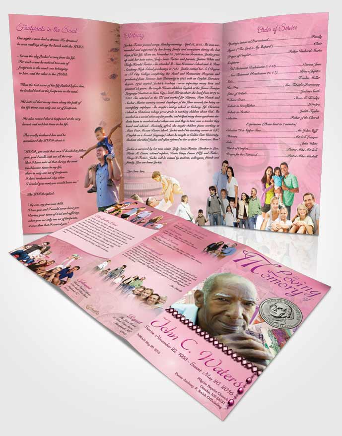 Obituary Template Trifold Brochure Collecting Stamps and Coins Pink Lust