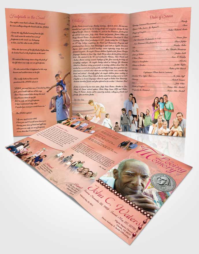 Obituary Template Trifold Brochure Collecting Stamps and Coins Ruby Sunset