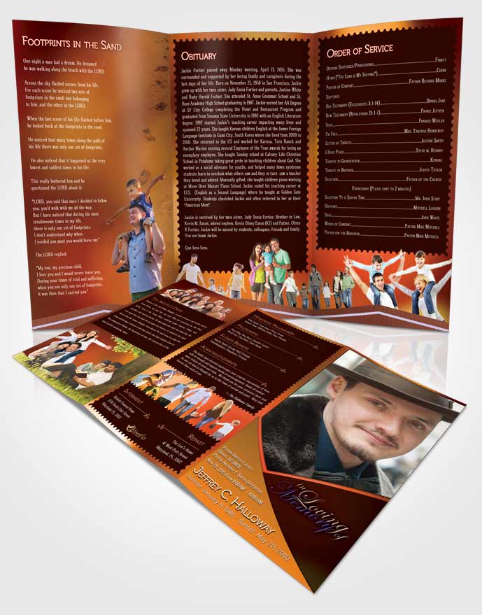 Obituary Template Trifold Brochure Crystal Harmony Carrot Orange Dark