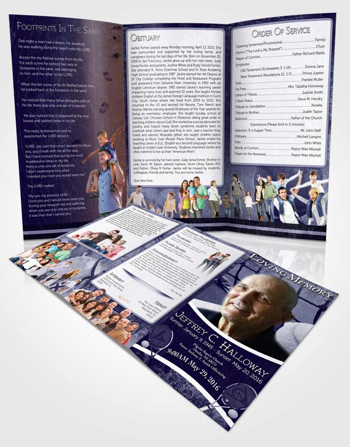 Obituary Template Trifold Brochure Deep Blue Tennis Star