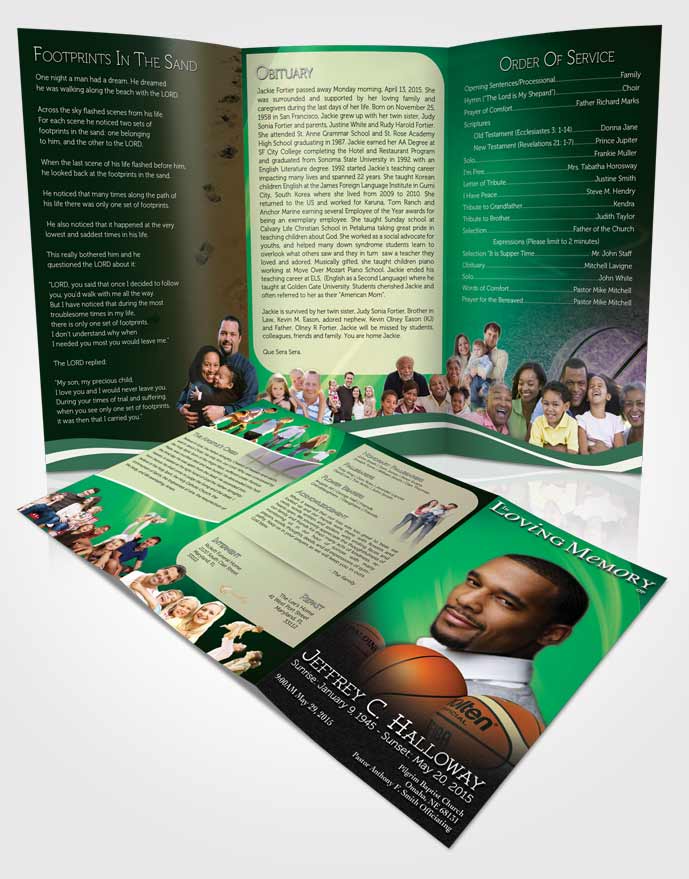 Obituary Template Trifold Brochure Forest Basketball Lover Light